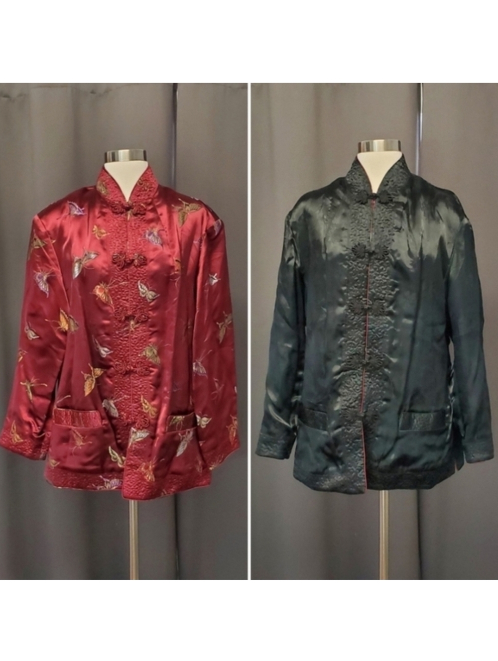 Cheongsam Qipao Reversible Red and Black Oriental Robe Butterfly Pattern Coat Lg